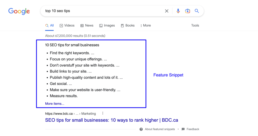 Featured snippet result on Google
